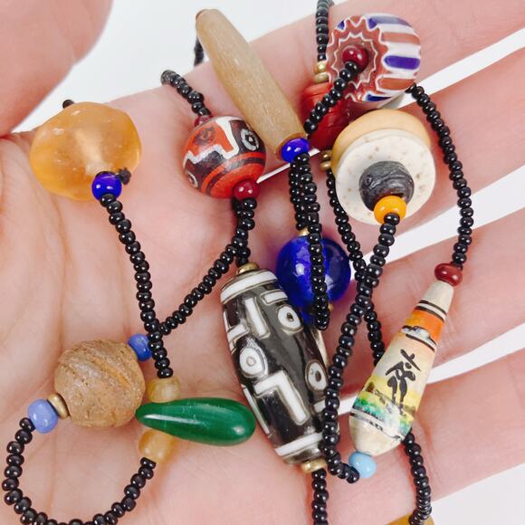 Vintage Artisan Beaded Necklace Mixed Glass Wood Ceramic Boho Trade Bead Jewelry - Picture 6 of 16